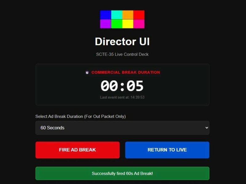 Director UI, a live SCTE-35 ad-break control deck built by 444Video.