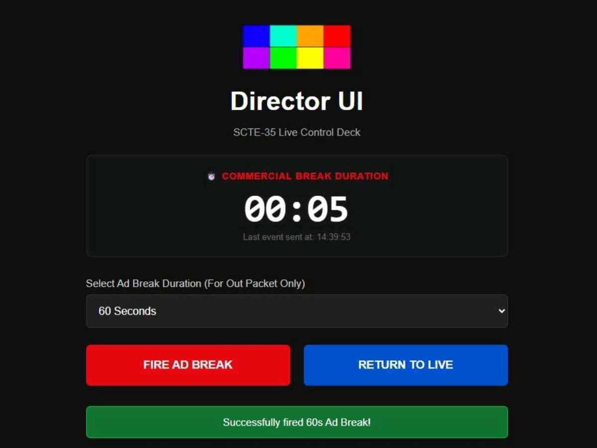 Director UI, a live SCTE-35 ad-break control deck built by 444Video.