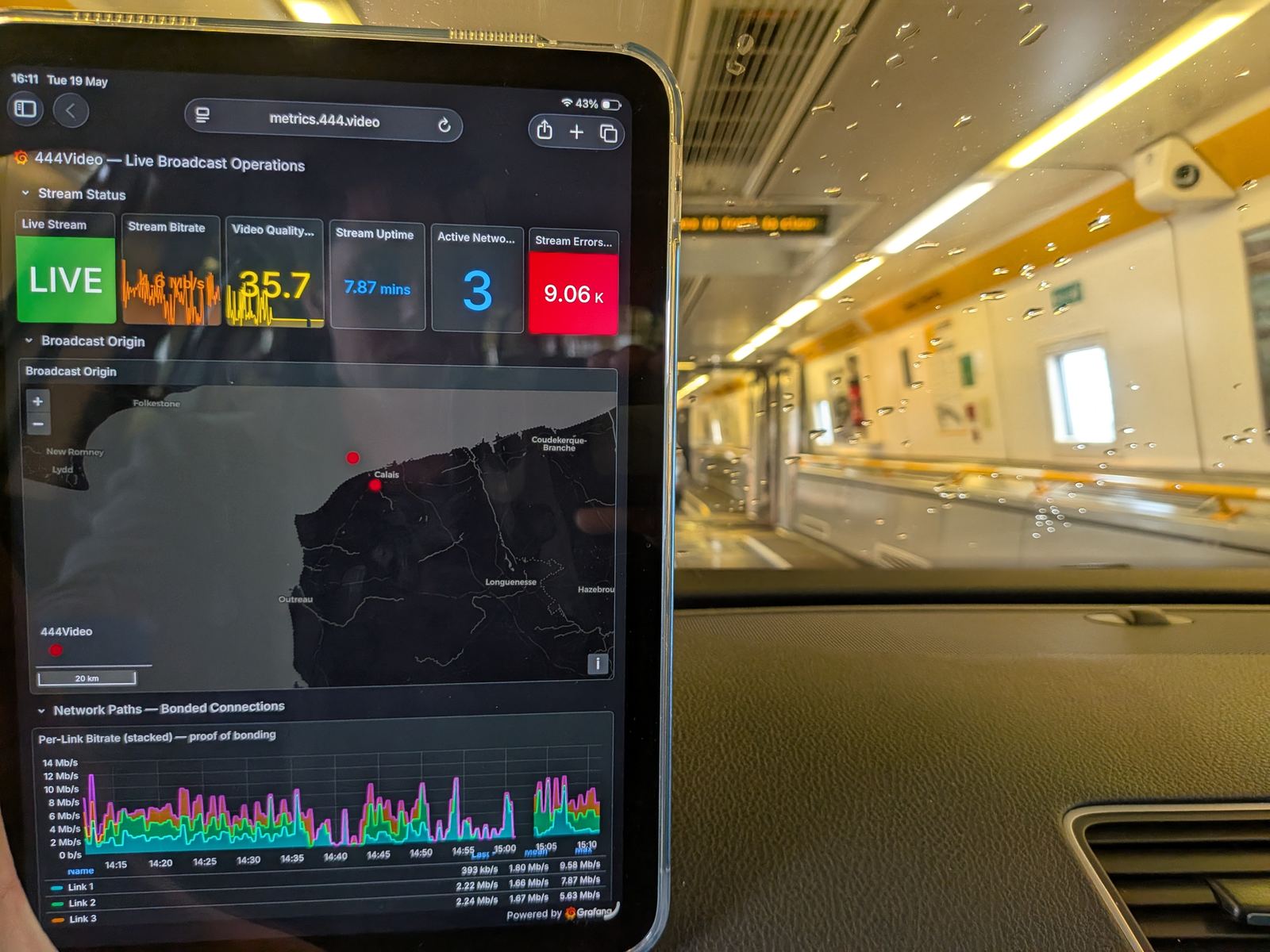 A tablet showing live broadcast telemetry and per-link bitrate charts.